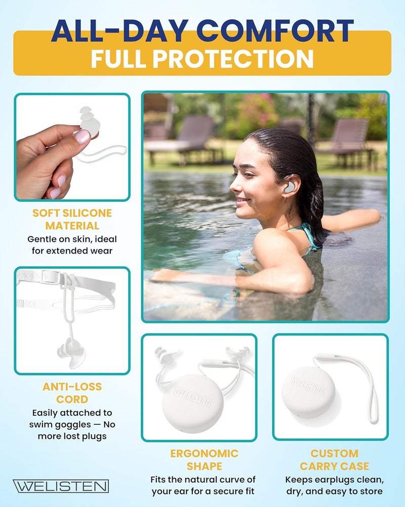 Welisten Swimming Ear Plugs for Adults,Waterproof Reusable Silicone Ear Plugs with Strap & Custom Case, Swimmer Earplugs for Surfing, Diving, Showering, Pool and Other Water Sports (Adults & Teens 14+) - Image 2